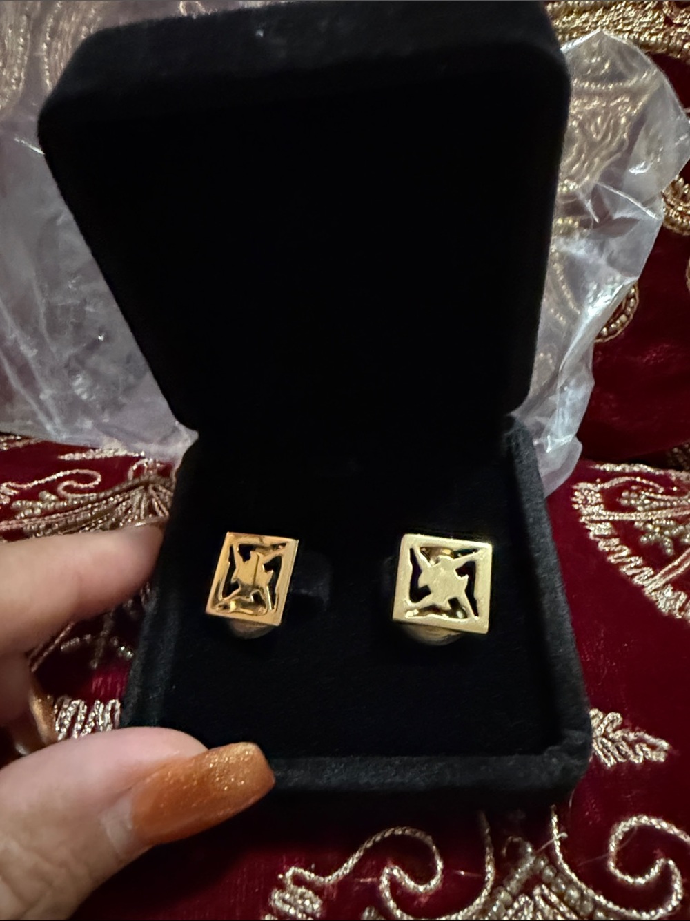 Vintage Salvatore Ferragamo Gold-Tone Square Earrings with Cutout Motif